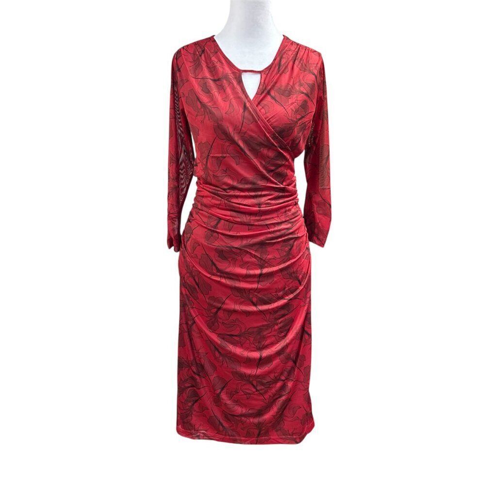 Betabrand Wanderlite Travel Dress Womens Size Large Red Ruched Floral Leaf